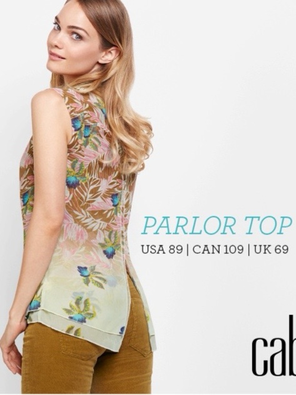 NWT CAbi #5216 Parlor Top Tropical Orchid Split Back Layered XS